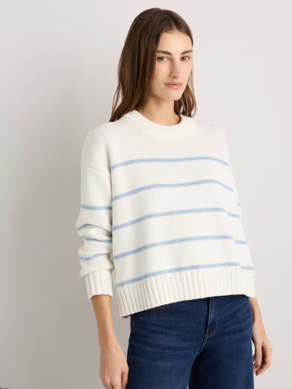 NWOT Quince 100% Organic Cotton Striped Crew Sweater Ivory/sky blue XS